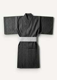 Black traditional Japanese kimono for men with subtle vertical ribbing and a contrasting white obi belt
