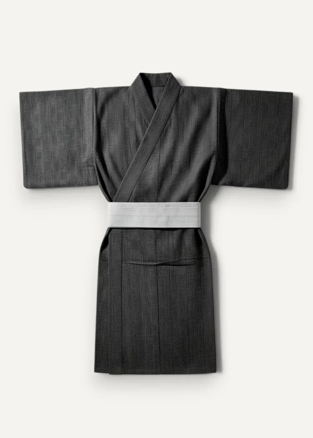 Black traditional Japanese kimono for men with subtle vertical ribbing and a contrasting white obi belt