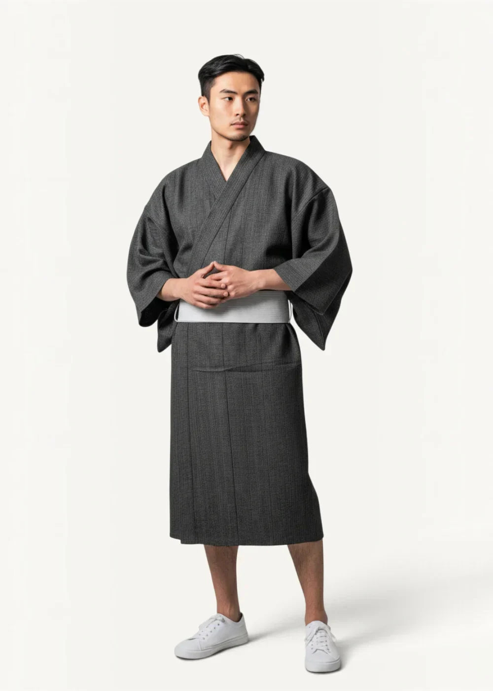 Dark gray striped yukata with white obi belt for men in a traditional japanese kimono style