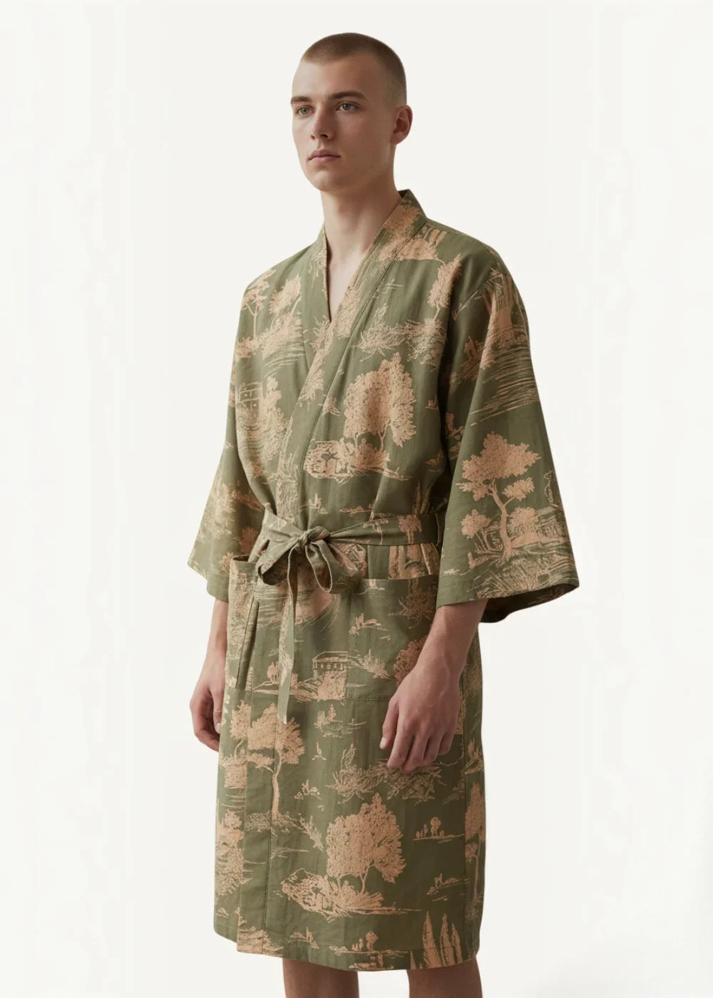 Olive green japanese kimono robe for men with beige landscape print and matching belt in lightweight fabric
