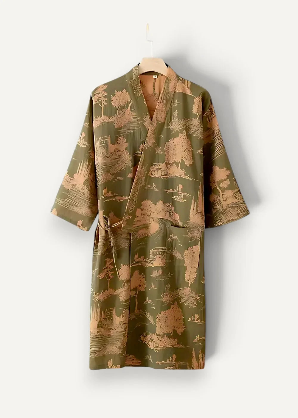 Japanese kimono robe men olive green with tan landscape print and matching tie belt for comfortable wear