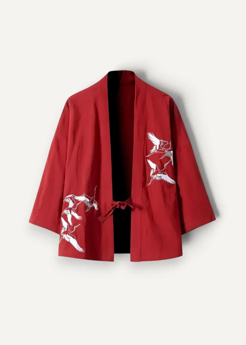 Red embroidered crane-themed japanese kimono style jacket with white and silver detailing
