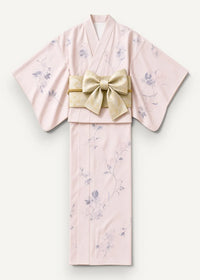 A delicate pink Japanese print kimono with subtle lavender floral patterns and a matching satin waist bow