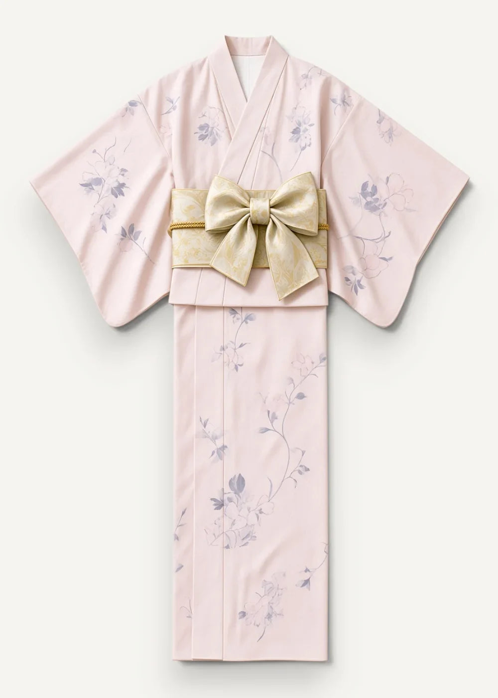 A delicate pink Japanese print kimono with subtle lavender floral patterns and a matching satin waist bow