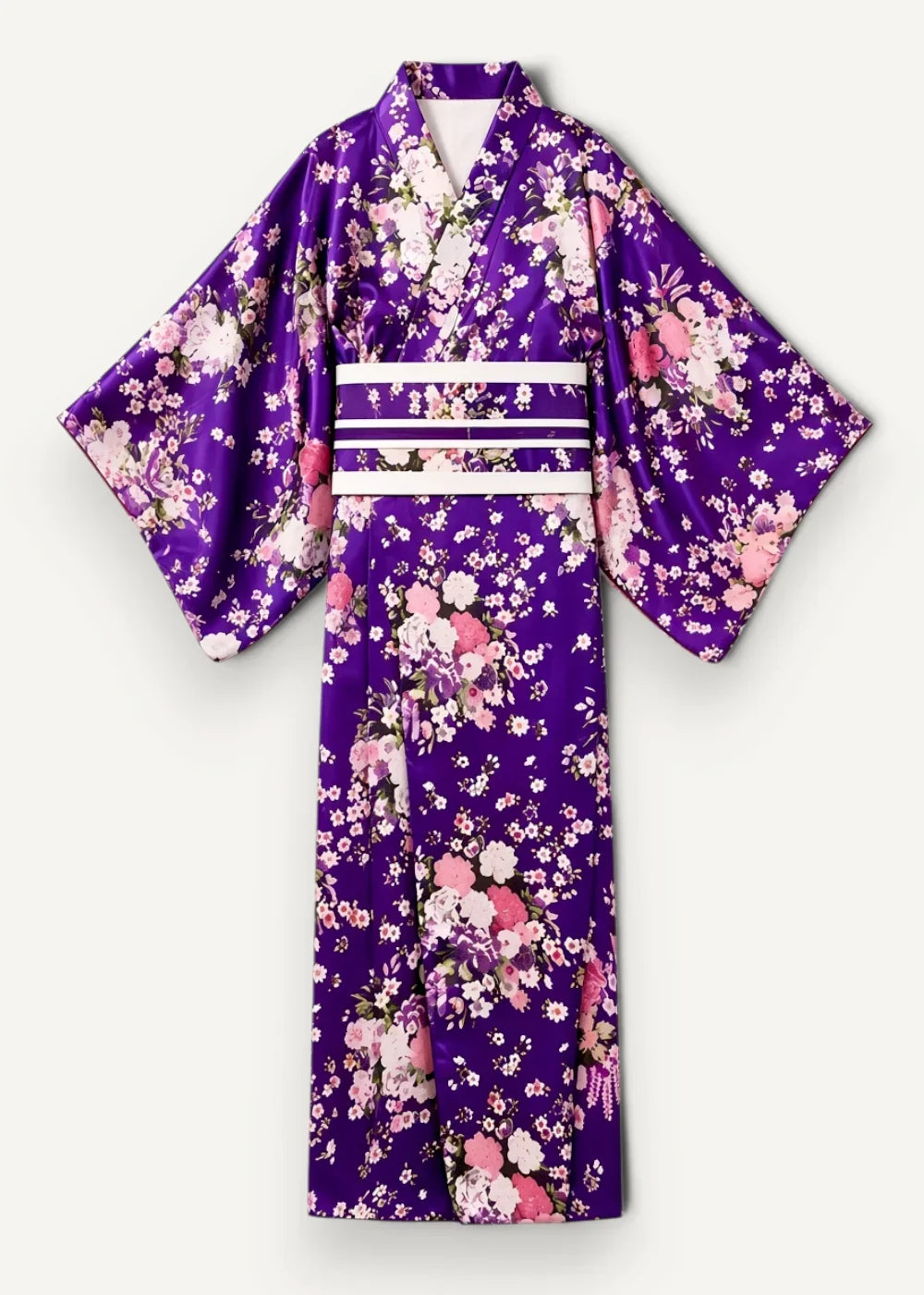 A vibrant purple silk Japanese kimono with delicate pink and white floral patterns and a crisp white obi belt