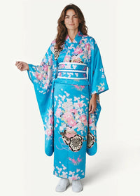 Japanese satin kimono in vibrant turquoise with pink and white floral patterns and a contrasting white obi belt