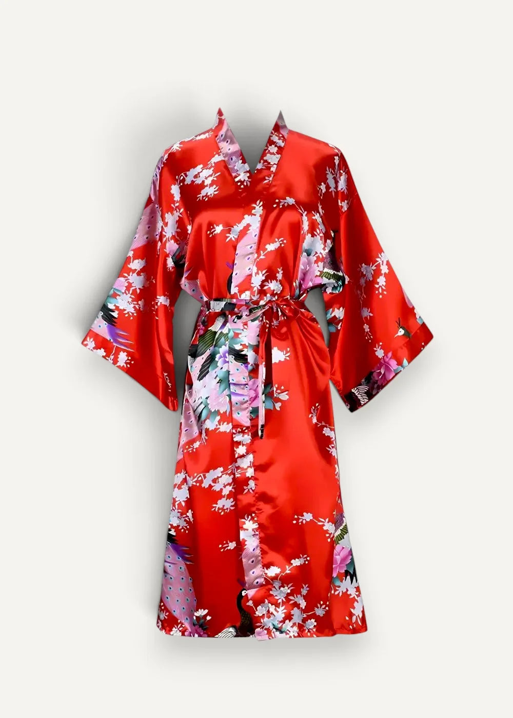 A vibrant red Japanese satin robe with a floral pattern featuring pink white and green blossoms
