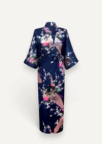 Navy blue silk Japanese kimono robe with vibrant pink roses white blossoms and peach-toned floral abstract design