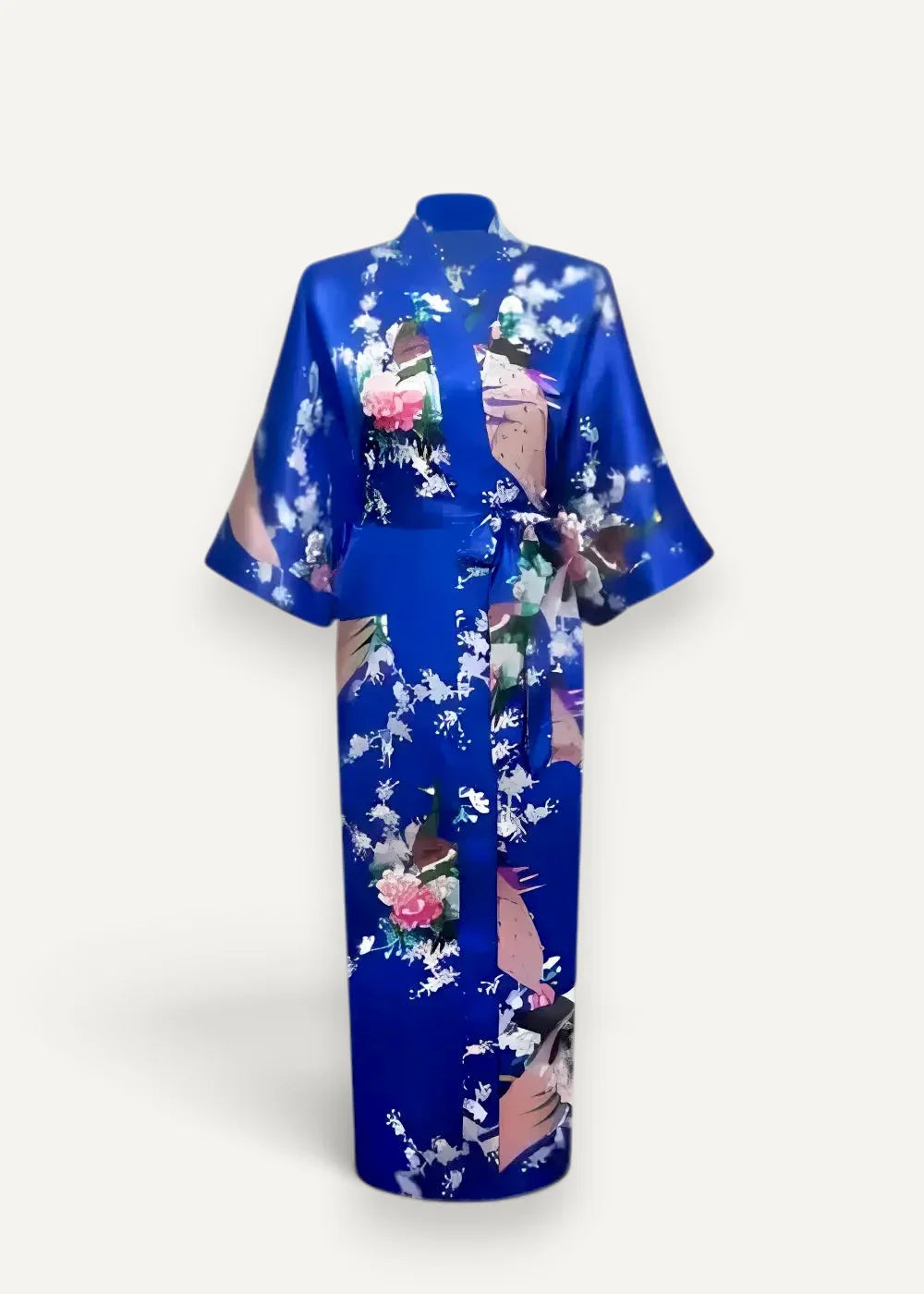 Vibrant royal blue japanese silk robe with delicate floral and bird pattern in soft pinks whites and earthy tones