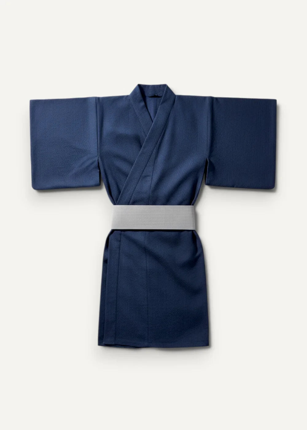 Navy blue traditional Japanese kimono with a light gray obi belt showcasing classic style and elegance