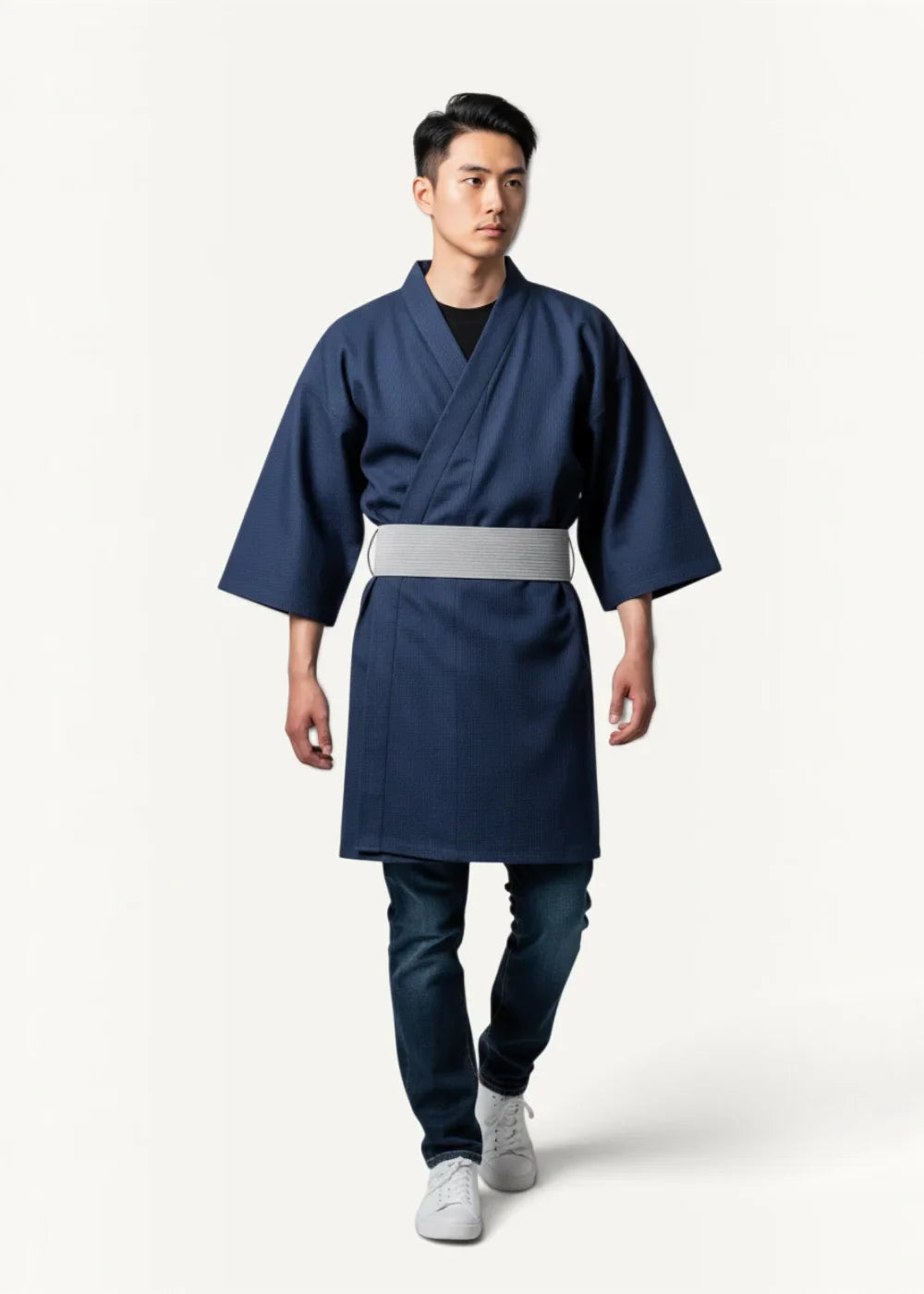 Navy blue traditional Japanese-style kimono robe with a contrasting light gray obi belt for elegant wear