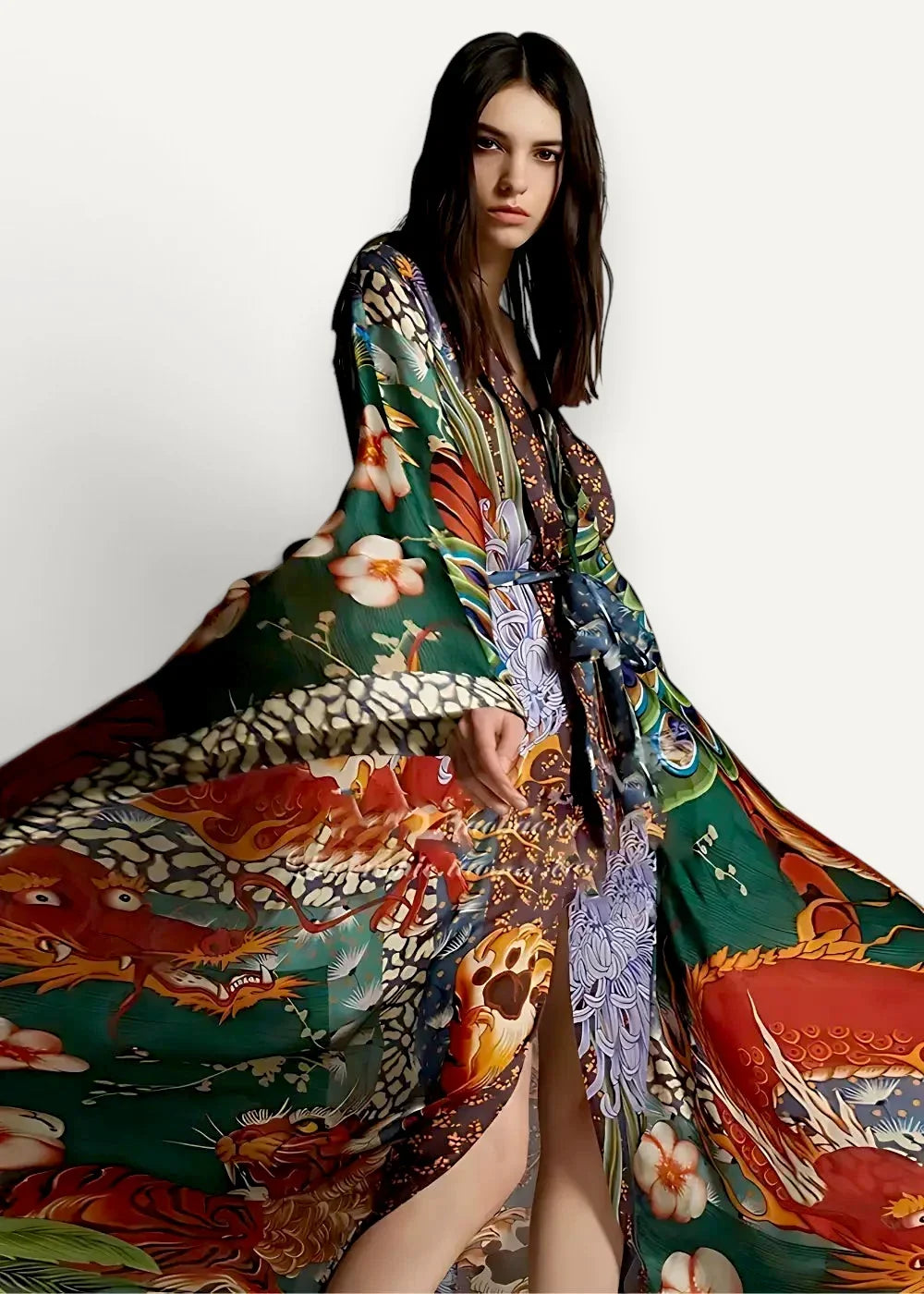 A flowing long-sleeved Japanese traditional kimono with vibrant green fabric and intricate red dragon and floral motifs
