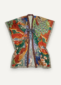Japanese traditional dress kimono with vibrant peacock and phoenix motifs in red green blue and gold silk fabric