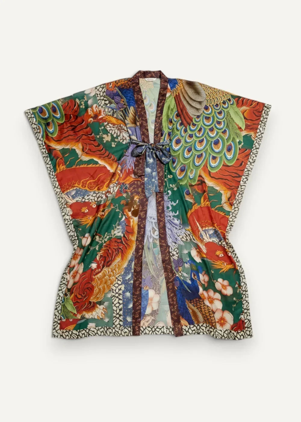 Japanese traditional dress kimono with vibrant peacock and phoenix motifs in red green blue and gold silk fabric
