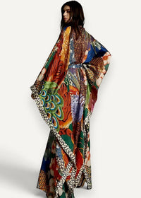 Japanese traditional dress kimono with vibrant multicolored peacock feather and floral print in kimono-style robe design