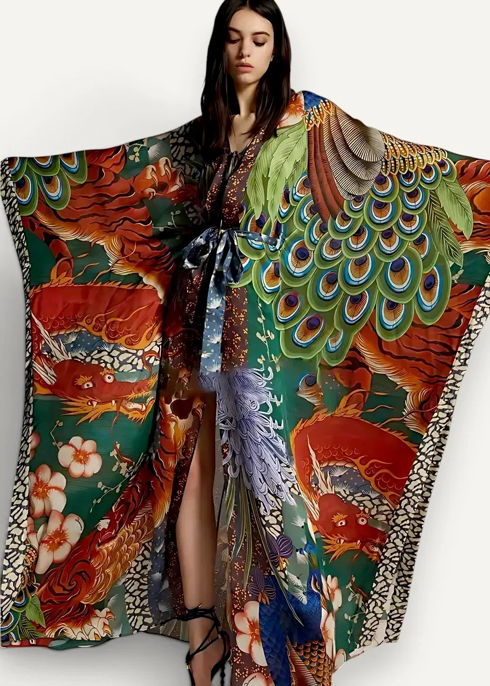A vibrant green Japanese traditional kimono with wide sleeves and red dragon and peacock feather patterns on silk