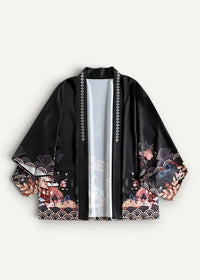 Black satin Japanese traditional haori kimono jacket with intricate pink beige and blue floral wave patterns on sleeves and hem