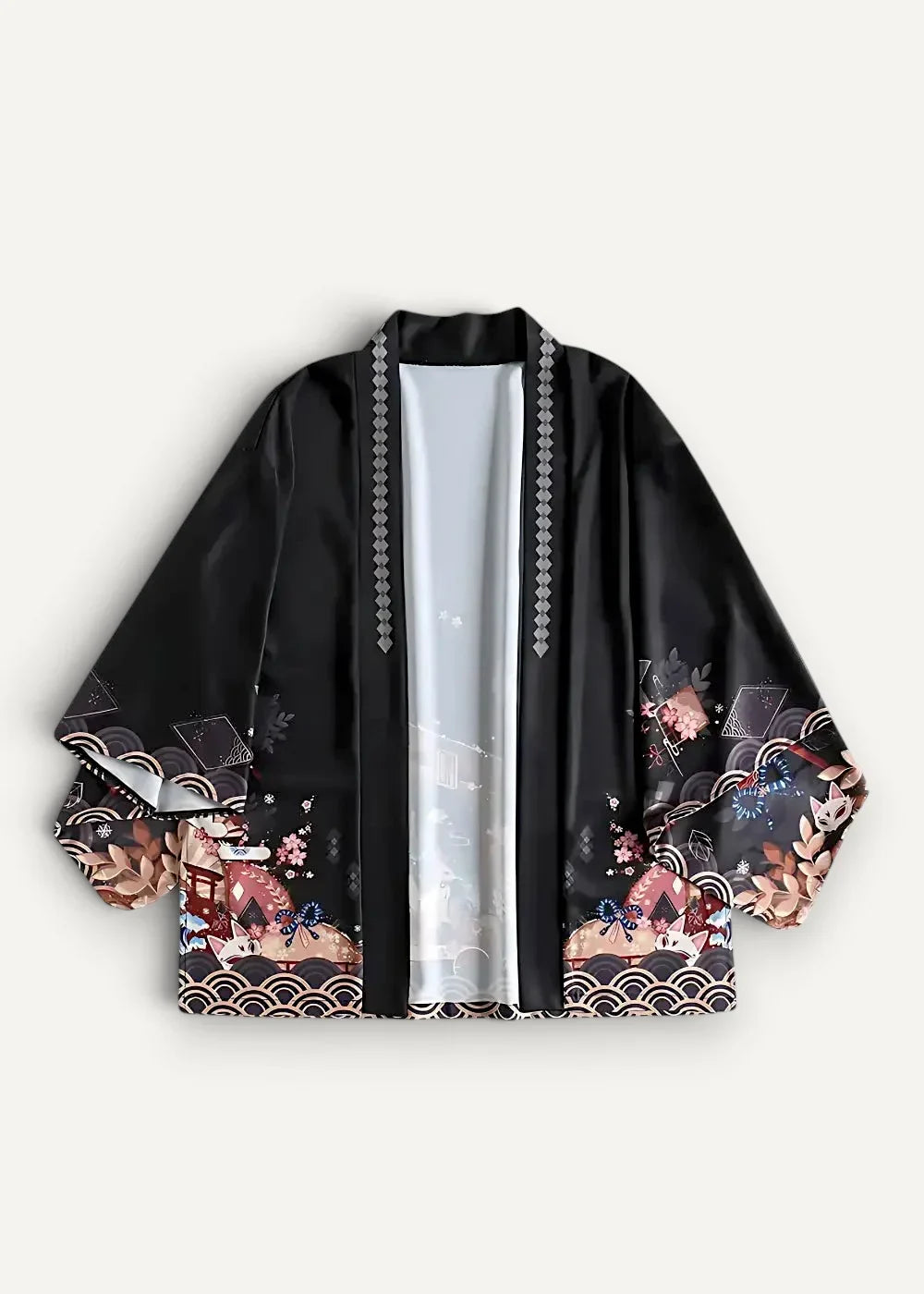 Black satin Japanese traditional haori kimono jacket with intricate pink beige and blue floral wave patterns on sleeves and hem