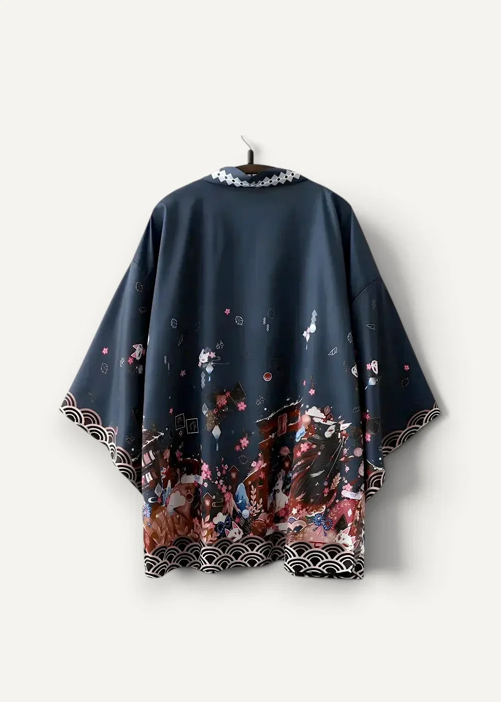 Dark blue satin japanese traditional haori with vibrant anime print cherry blossoms and white wave patterns on hem and cuffs