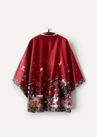 A vibrant red Japanese traditional haori with detailed print of scenes and black wave trim on sleeves and hem