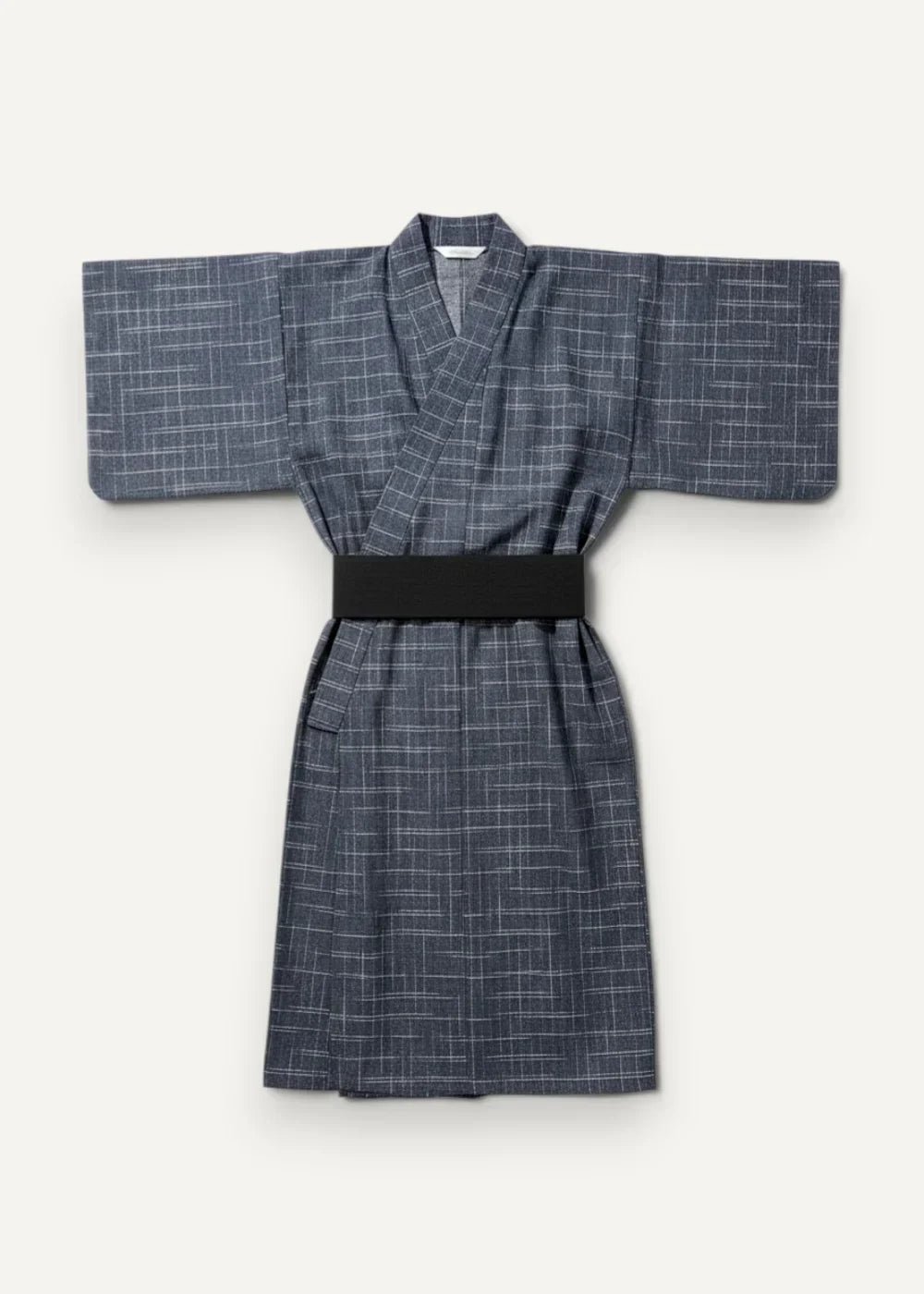 A dark gray Japanese yukata with subtle white grid pattern and contrasting black belt for traditional wear