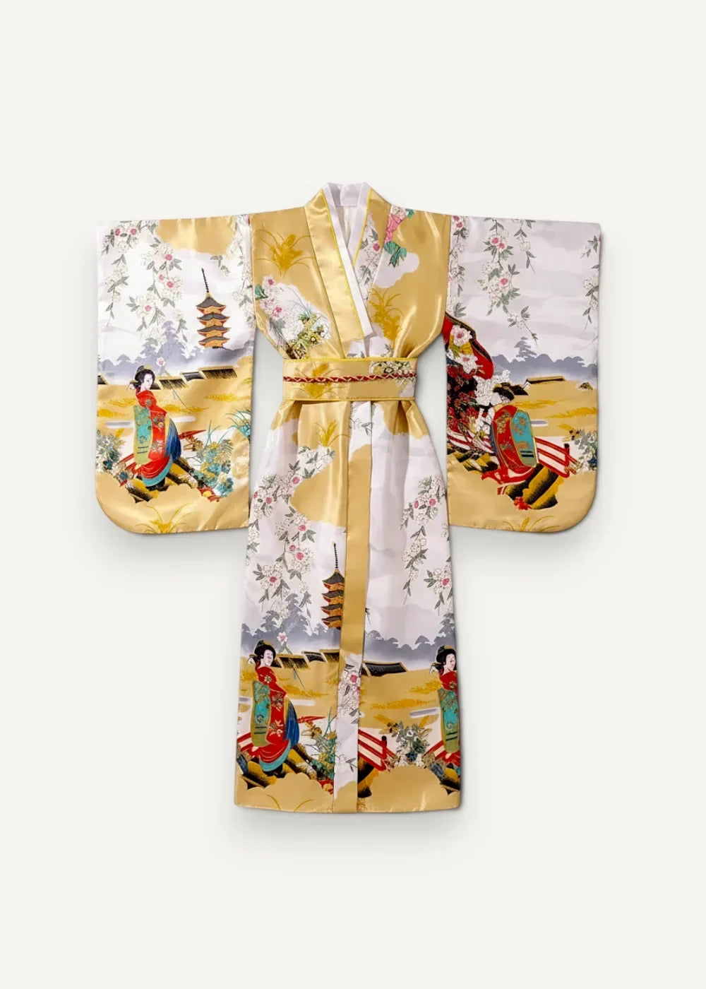 Japanese yukata female featuring a vibrant traditional kimono print of women in historical scenes on gold and white background