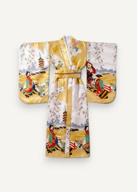Japanese yukata female featuring a vibrant traditional kimono print of women in historical scenes on gold and white background