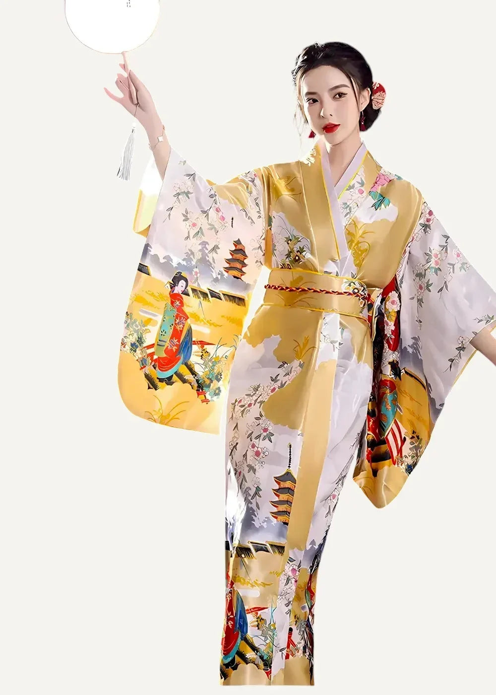A woman wearing a vibrant yellow and white Japanese yukata with traditional figures floral patterns and pagodas