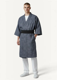 A men’s gray and white checkered Japanese yukata robe with a black belt made of lightweight cotton for casual wear