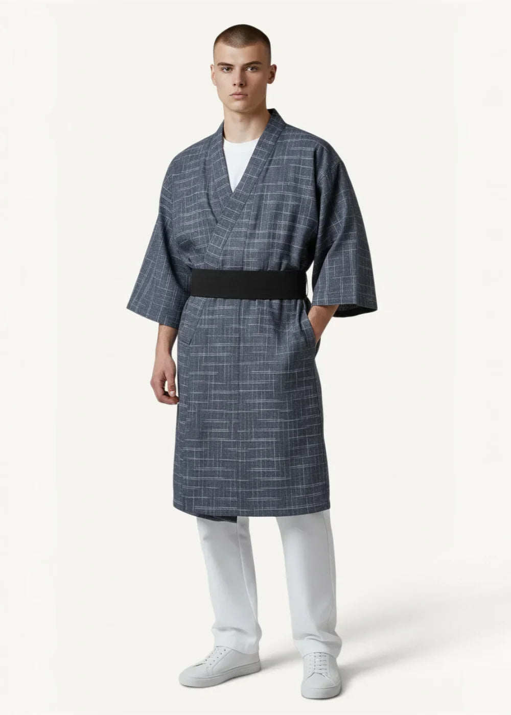 A men’s gray and white checkered Japanese yukata robe with a black belt made of lightweight cotton for casual wear