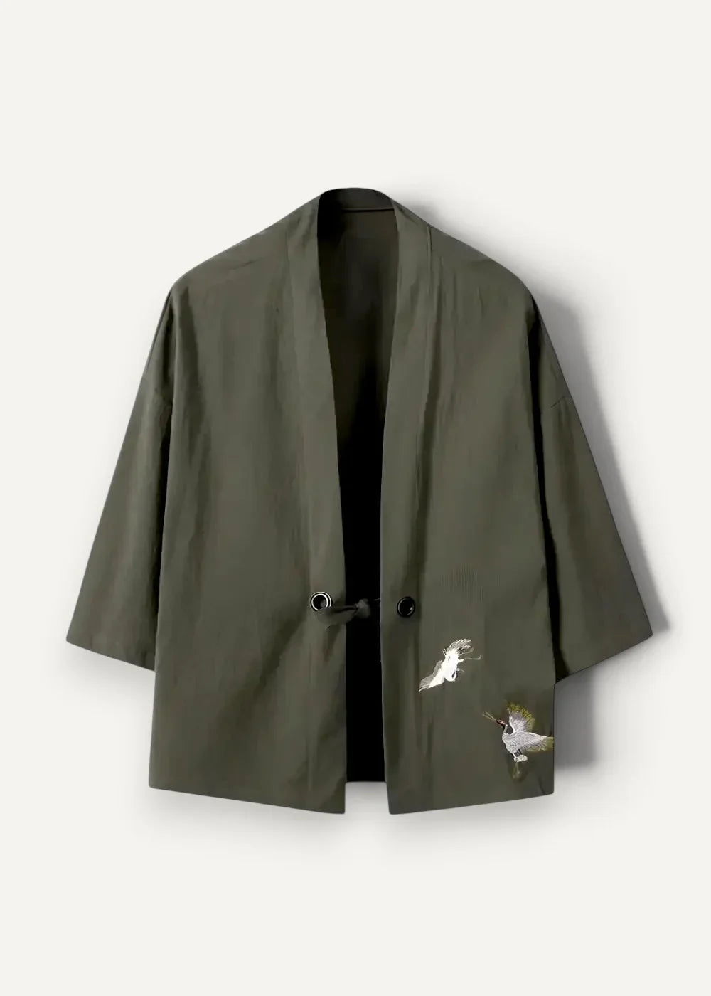 Olive green embroidered kimono jacket khaki haori with white and gold bird motifs on soft fabric