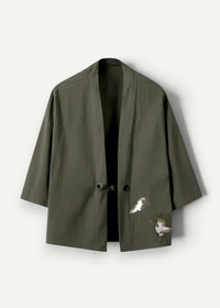 Olive green embroidered kimono jacket khaki haori with white and gold bird motifs on soft fabric