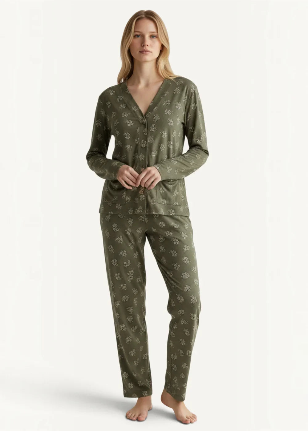 Olive green khaki kimono pajamas with subtle white floral pattern on long sleeve top and matching pants