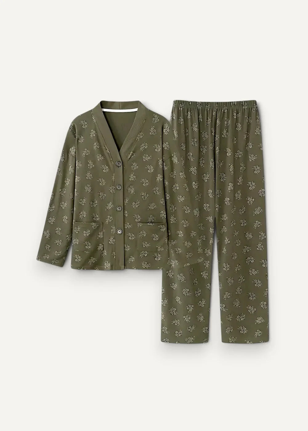 Olive green khaki kimono pajamas featuring a subtle floral pattern on long-sleeved top and matching pants