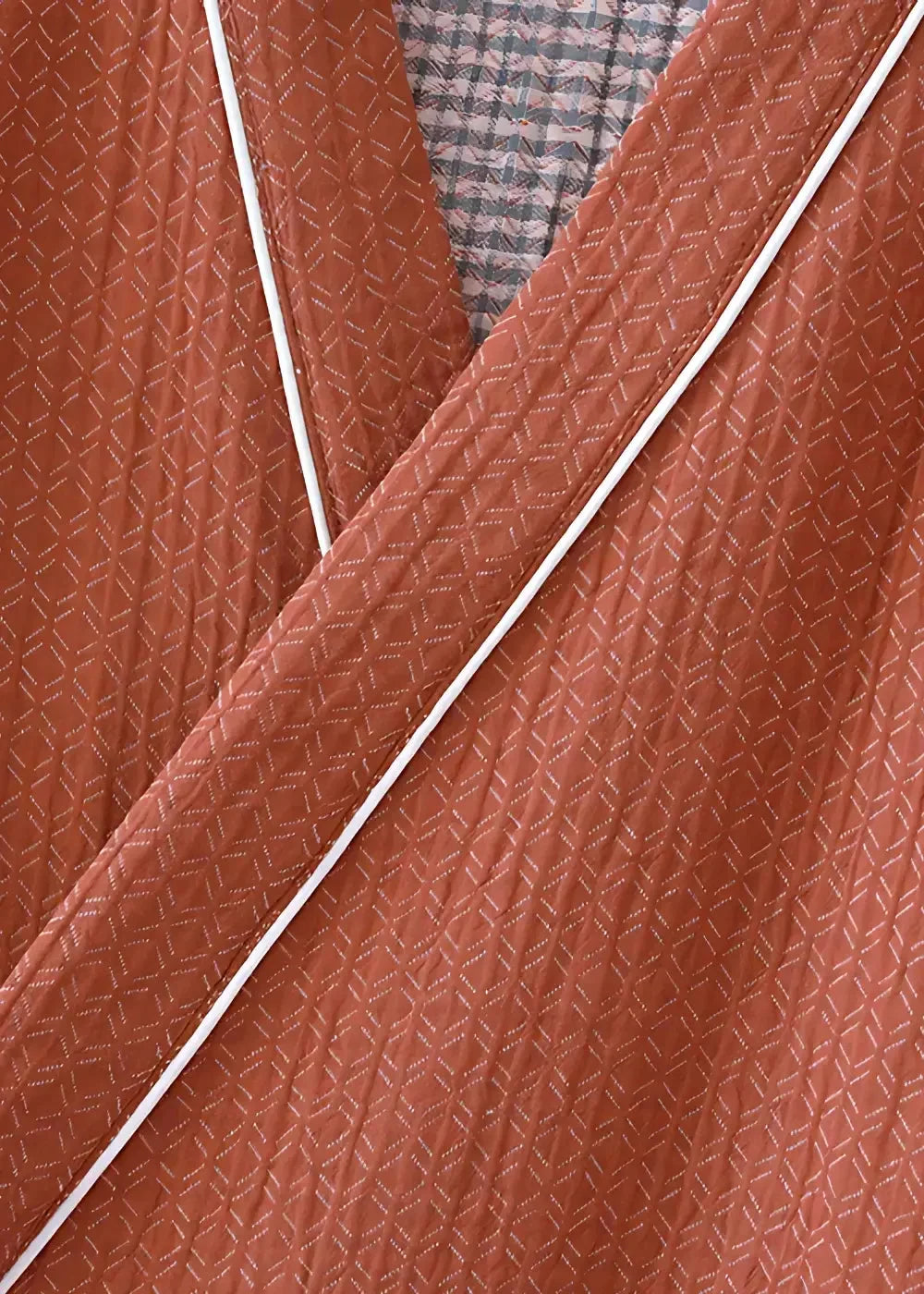 Kimono bathrobe men’s rust-colored quilted robe with subtle diamond pattern and white piping along the edges
