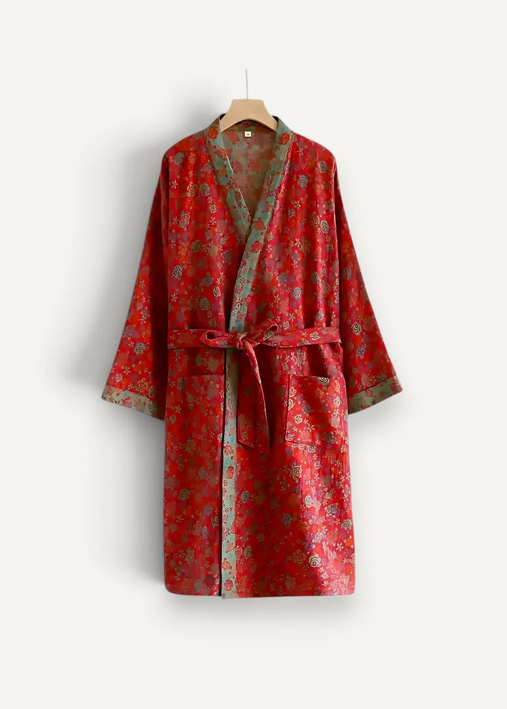 Kimono bathrobe women’s rich red silk with delicate green and gold floral pattern and matching waist belt