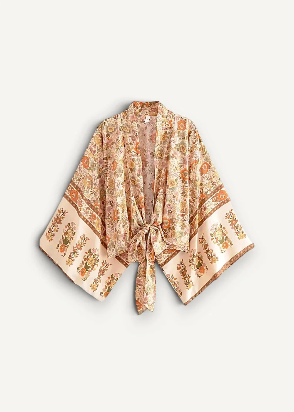 A flowing earth-toned floral kimono beach cover up with soft satin finish wide sleeves tied at the waist