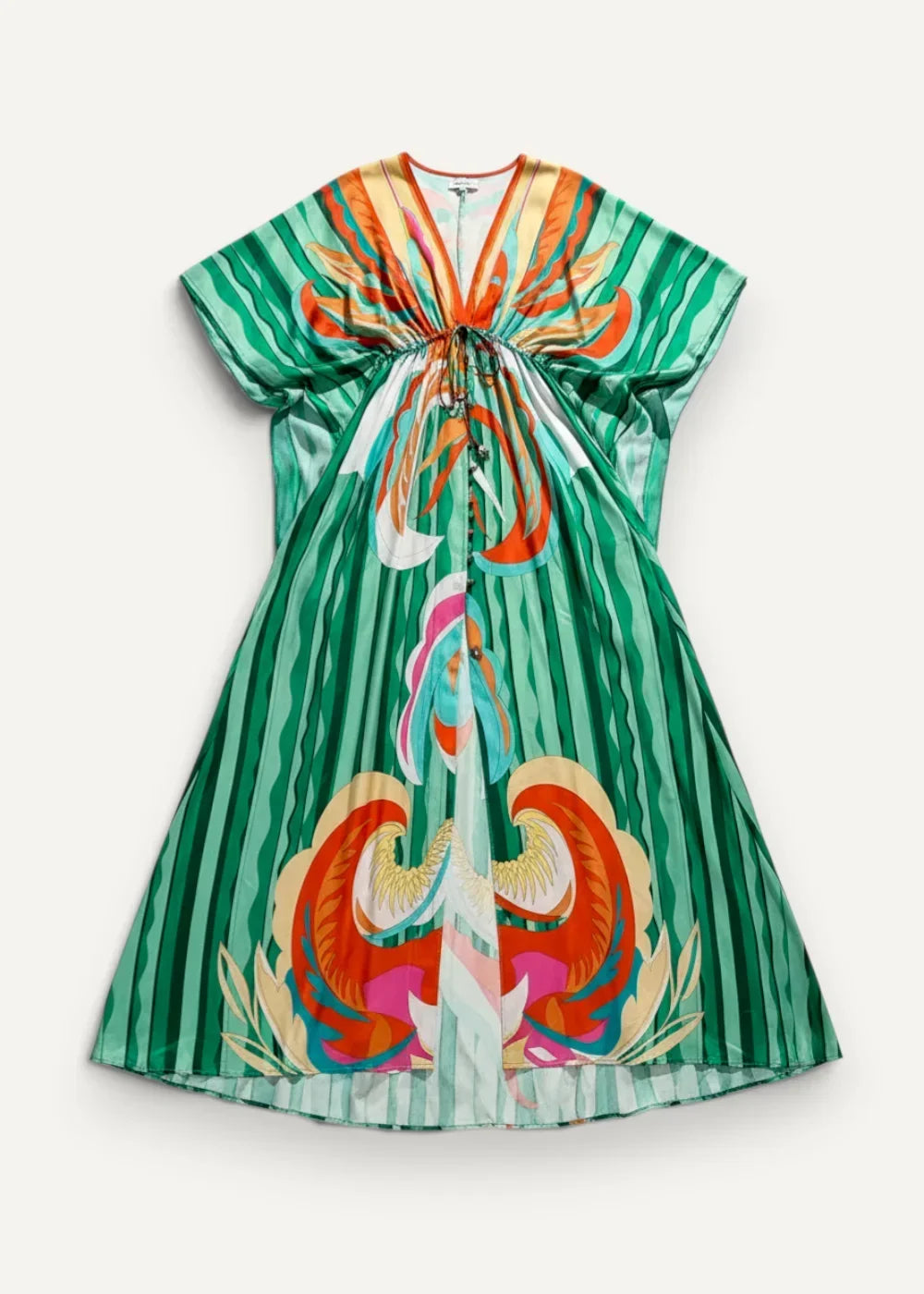 Kimono beach dress featuring a vibrant green fabric with bold vertical stripes and a colorful abstract bird motif