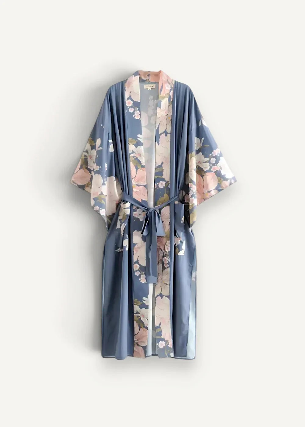 Soft blue floral print silk kimono cardigan cover up with matching tie belt designed as a robe
