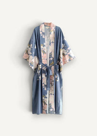 Soft blue floral print silk kimono cardigan cover up with matching tie belt designed as a robe