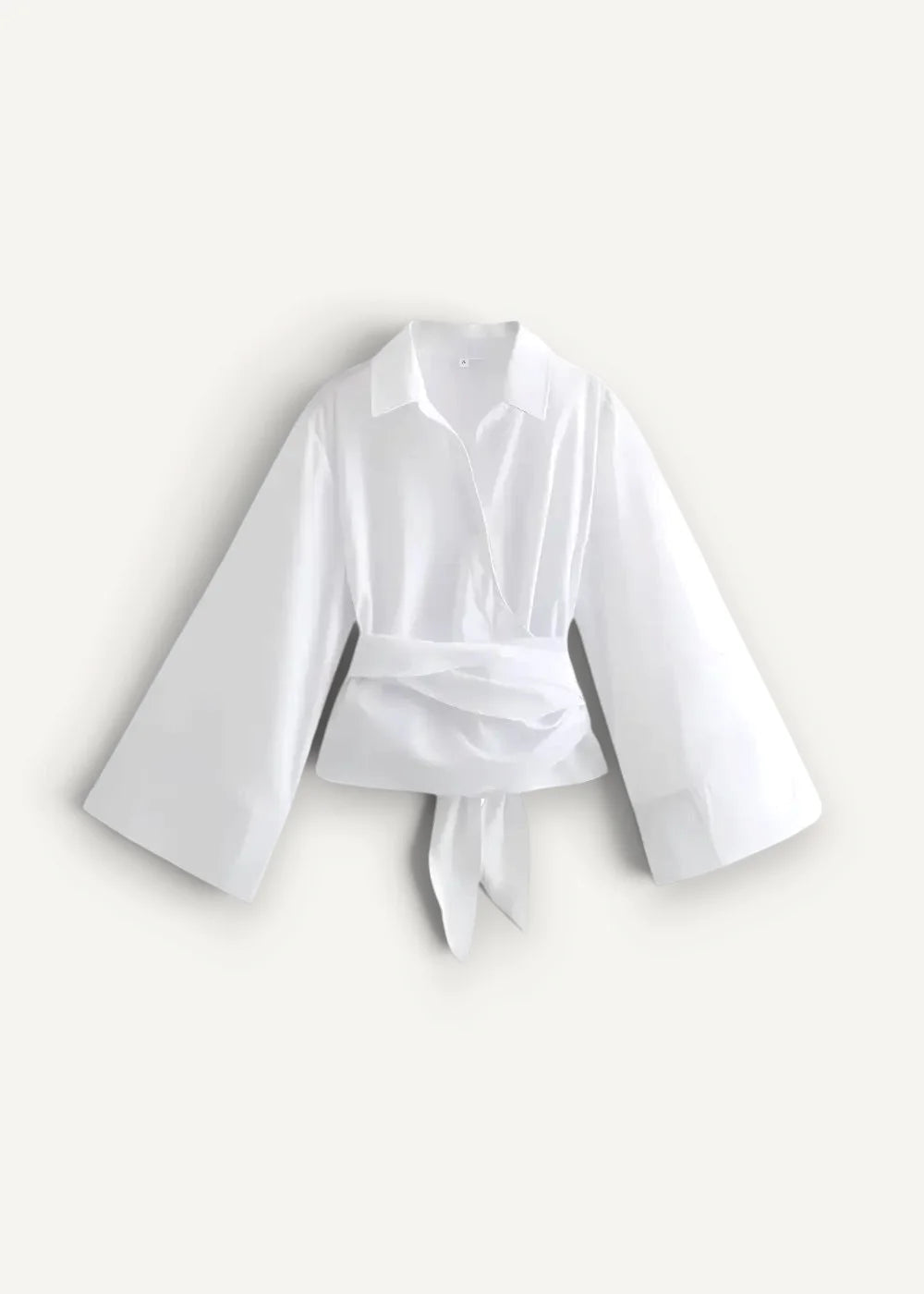 White kimono cardigan short with bell sleeves blouse featuring a tied waistband for casual wear