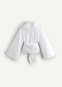 White kimono cardigan short with bell sleeves blouse featuring a tied waistband for casual wear