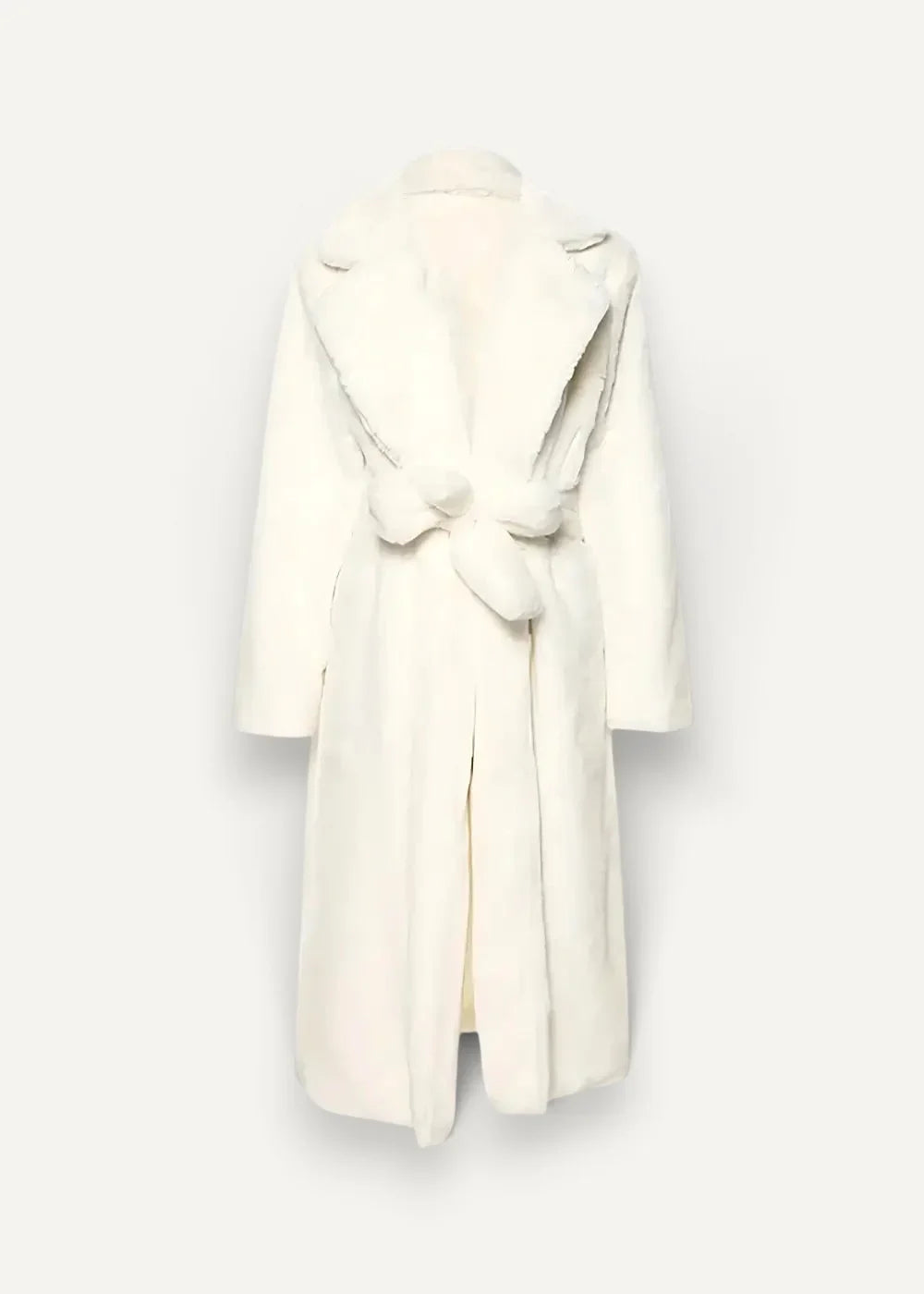 Cream-colored kimono coat with plush fur, belted waist, and wide collar for stylish warmth and comfort