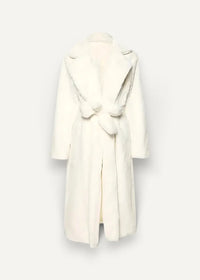 Cream-colored kimono coat with plush fur, belted waist, and wide collar for stylish warmth and comfort