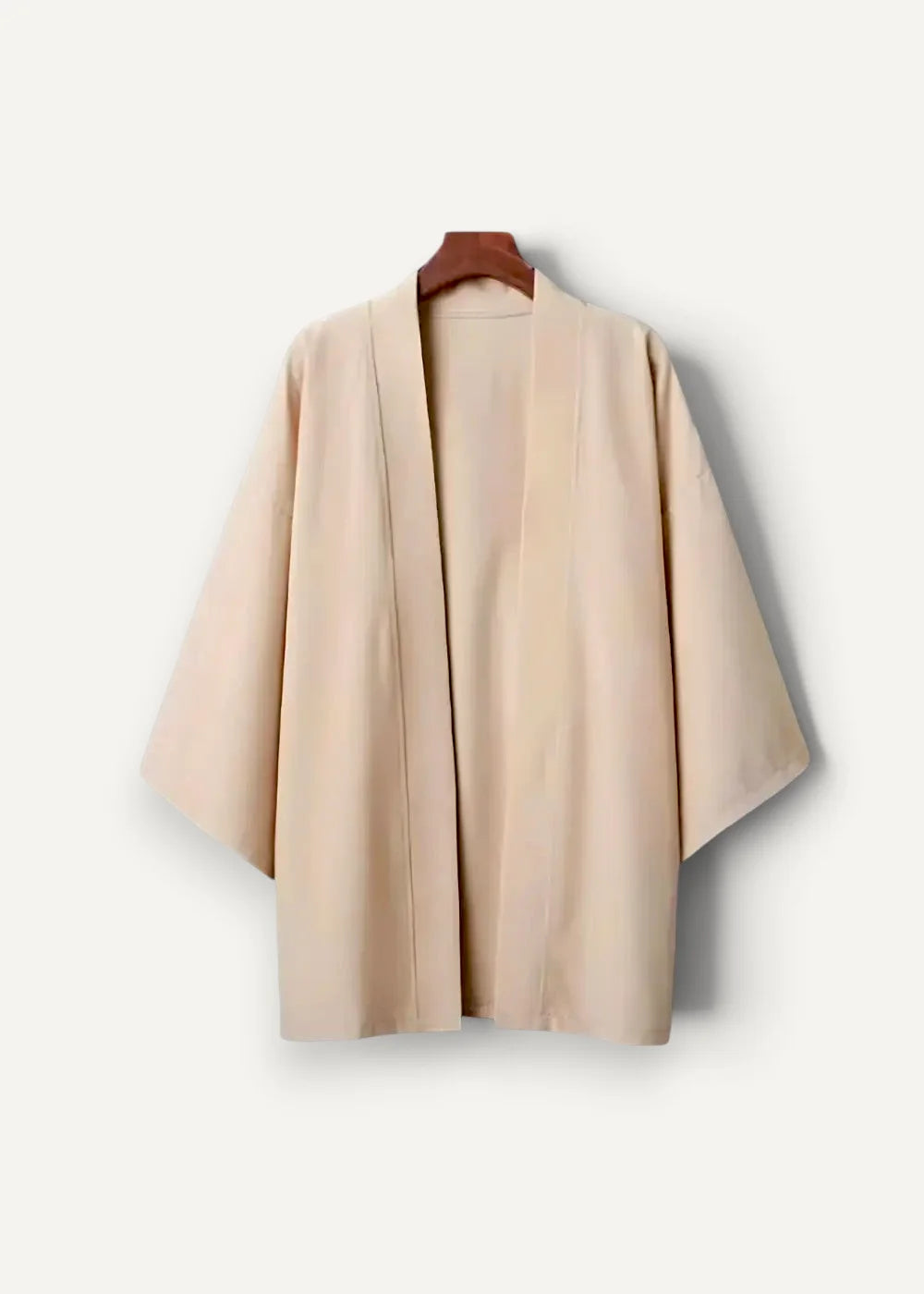 Beige linen kimono coat for men with wide sleeves and a simple open-front design