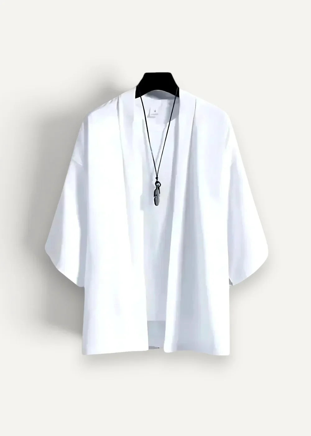 White kimono coat men’s loose-fitting short-sleeved shirt with subtle pleats at the collar and open front
