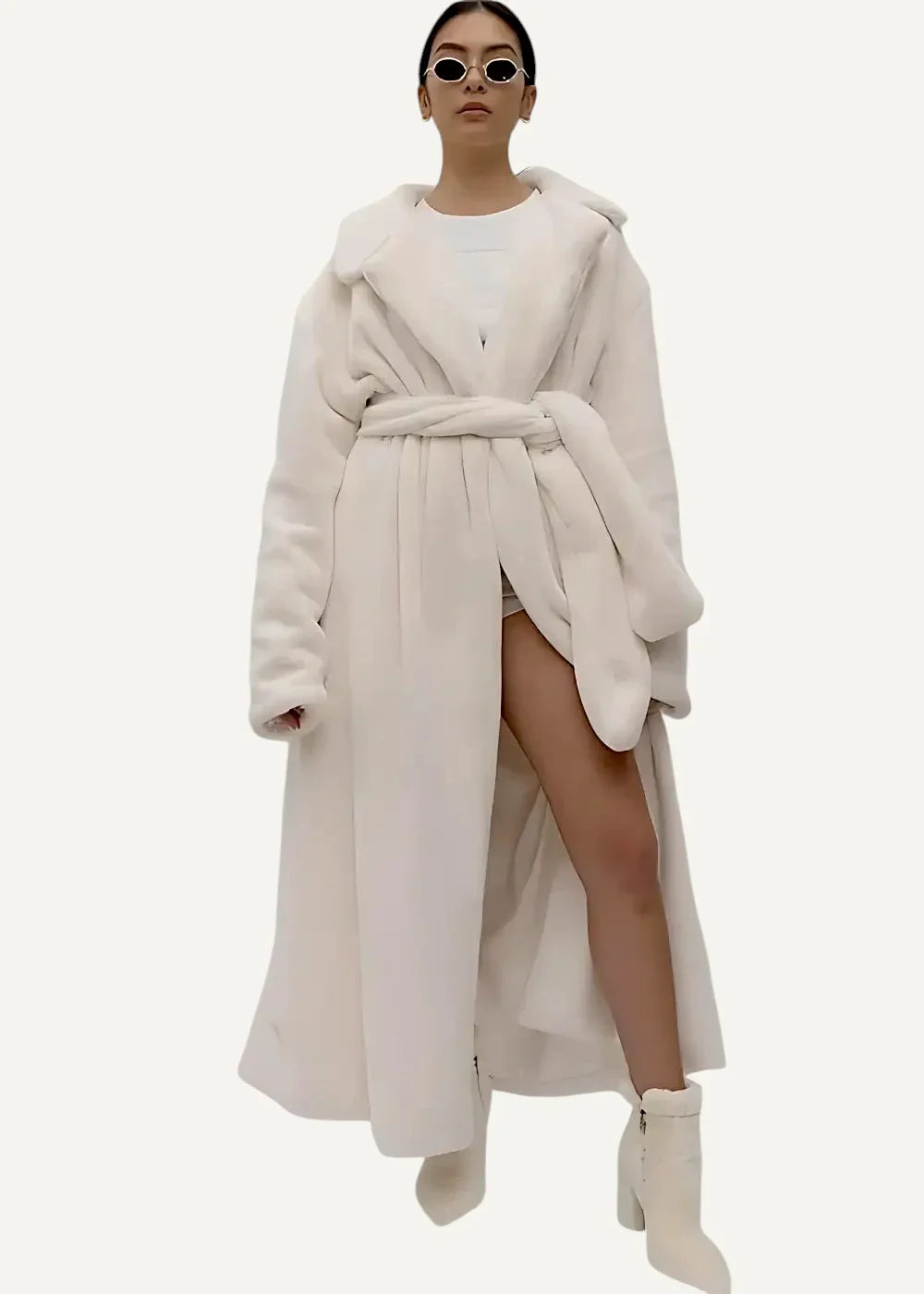 A plush off-white faux fur kimono coat with wide collar and matching belt for cozy stylish wear