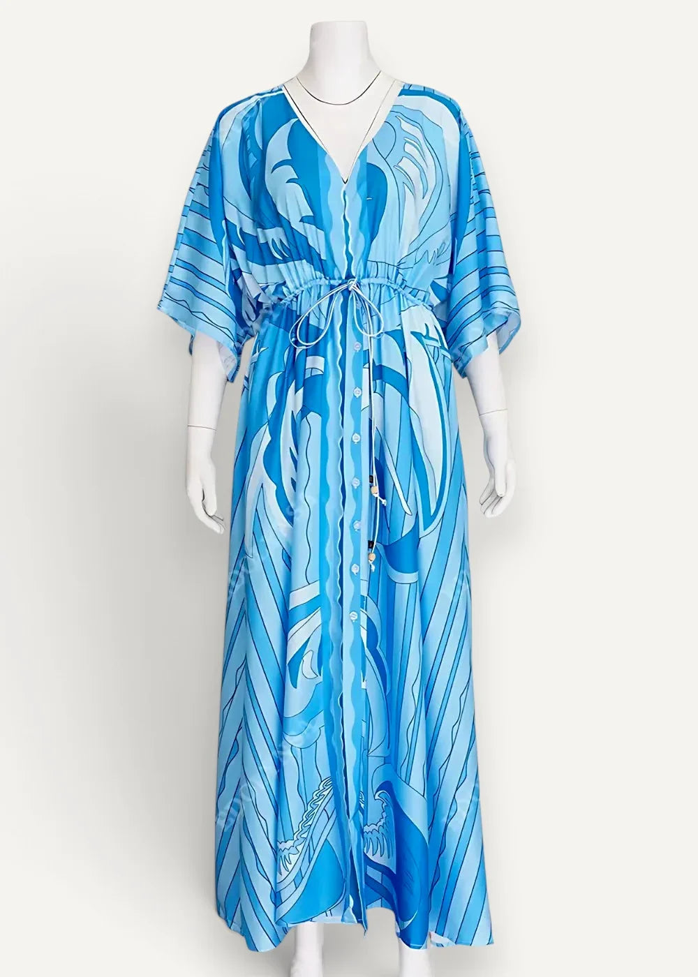 Kimono cover up dress with flowing blue and white pattern v-neck button-front closure and drawstring waist
