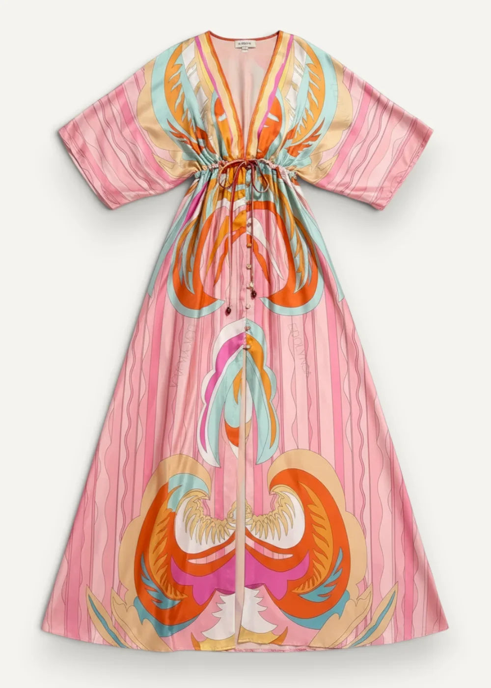 A flowing pink kimono dress beach cover up with abstract orange teal white feather pattern short sleeves v neckline and drawstring waist