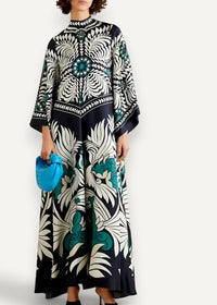 Kimono dress for women flowing black white and teal floral patterned maxi dress with high neckline and three quarter sleeves